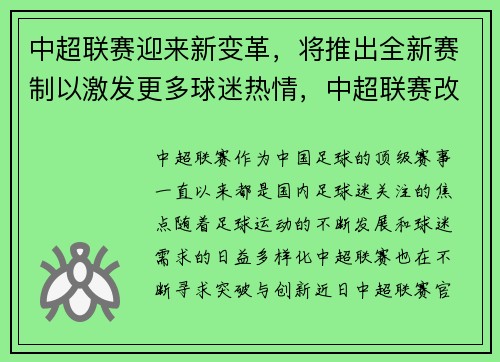 中超联赛迎来新变革，将推出全新赛制以激发更多球迷热情，中超联赛改革
